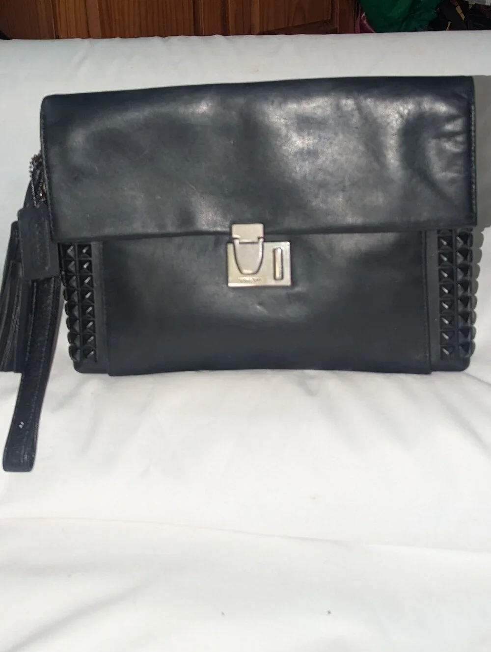 Coach Black Leather Studded Wristlet Clutch with Gunmetal-Tone Lock 26410